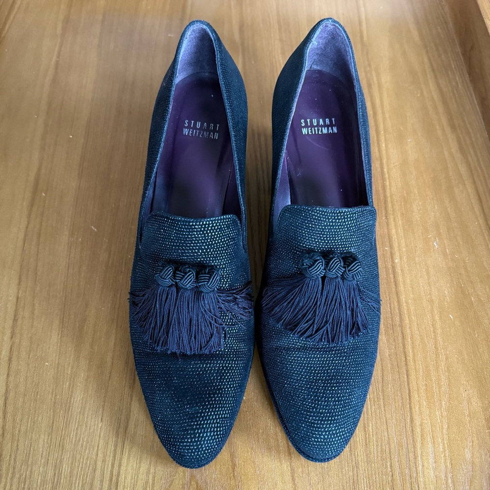 STUART WEITZMAN Razmataz Suede Block-Heel Tassel Loafer 8 1/2